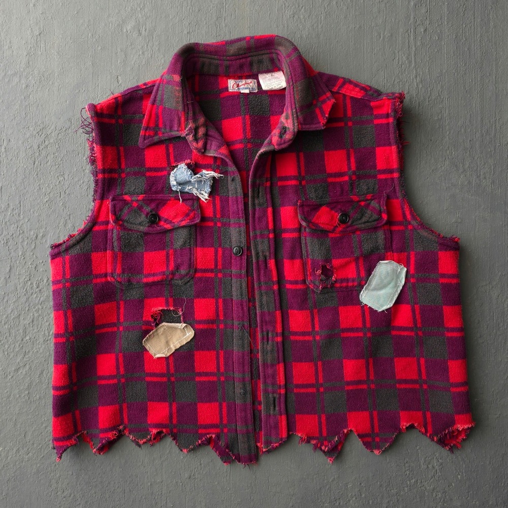 Vintage 80s Champion Red Plaid Vest Small Punk Distressed